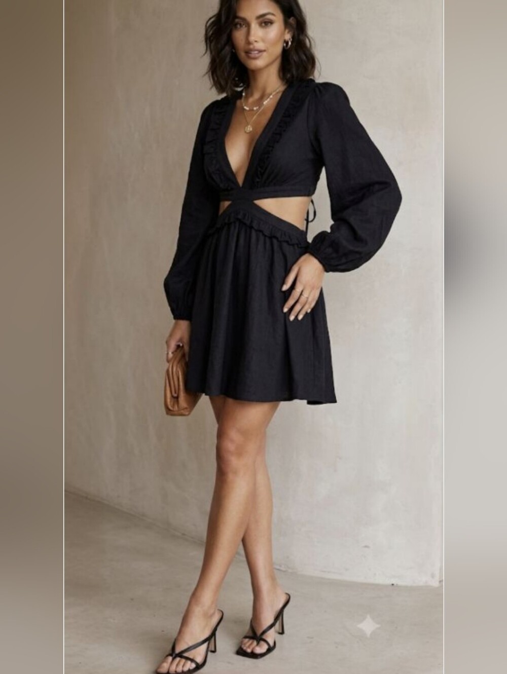 Women’s Black Mini Dress with Cutout & Ruffle Trim Size L (SKU 0082)